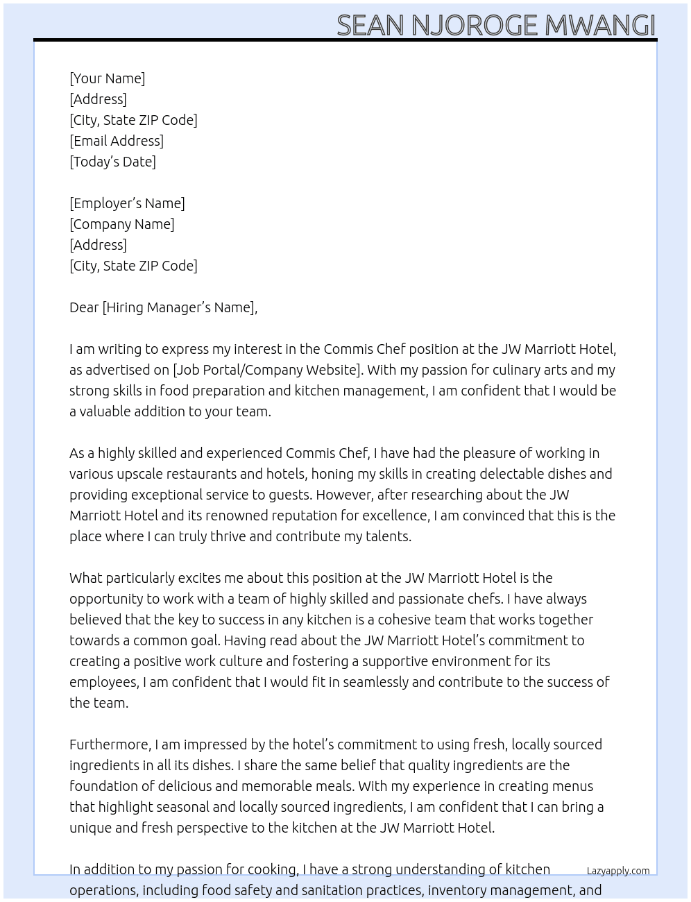 Commis Chef At JW Marriott Hotel Cover Letter