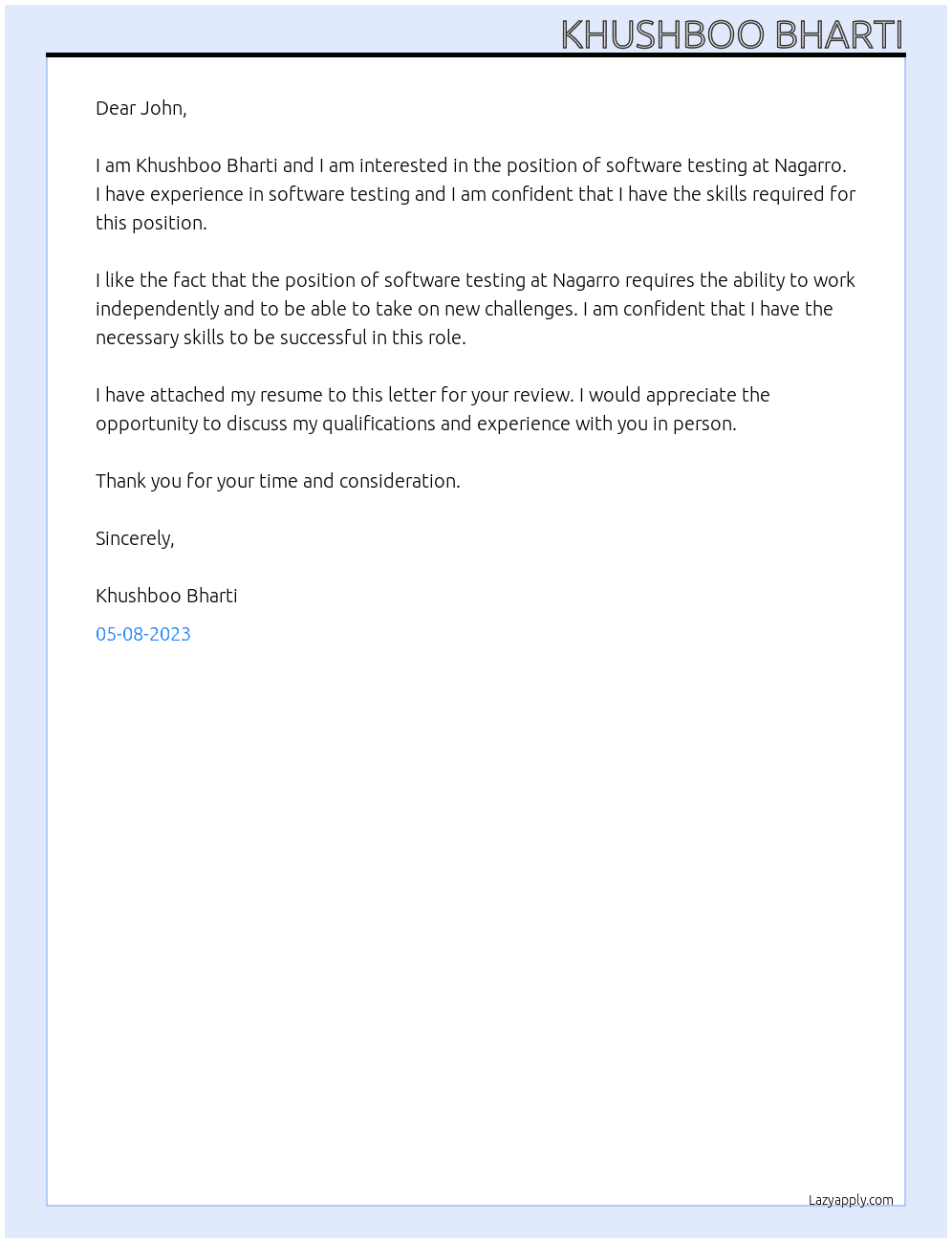 Software testing At Nagarro Cover Letter