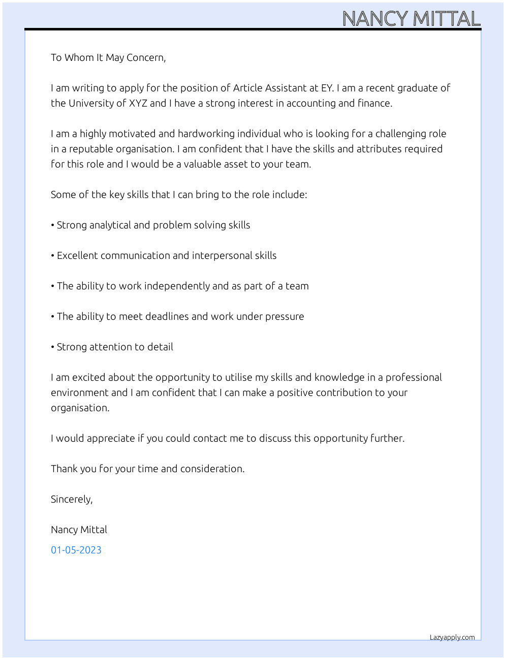 Article Assistant  At EY Cover Letter
