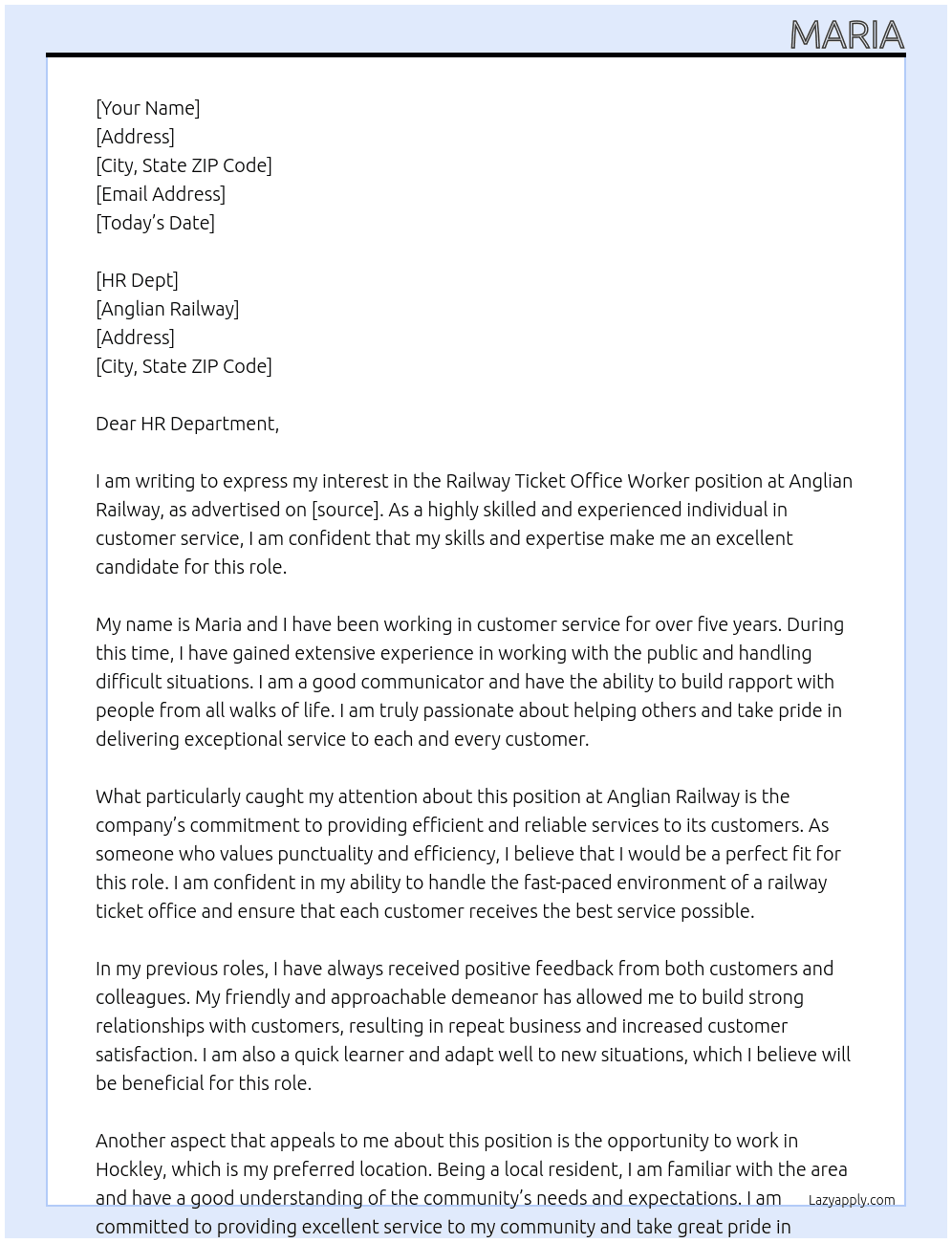 railway ticket office worker At anglian railway Cover Letter