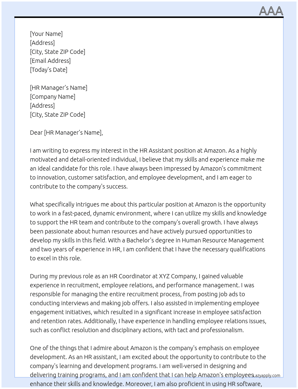 HR assistant At amazon Cover Letter