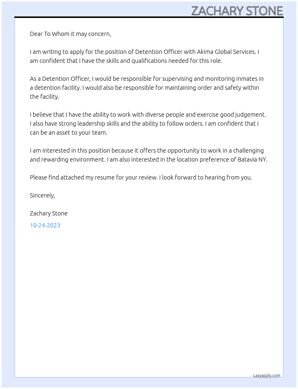 Detention Officer At Akima Global Services Cover Letter