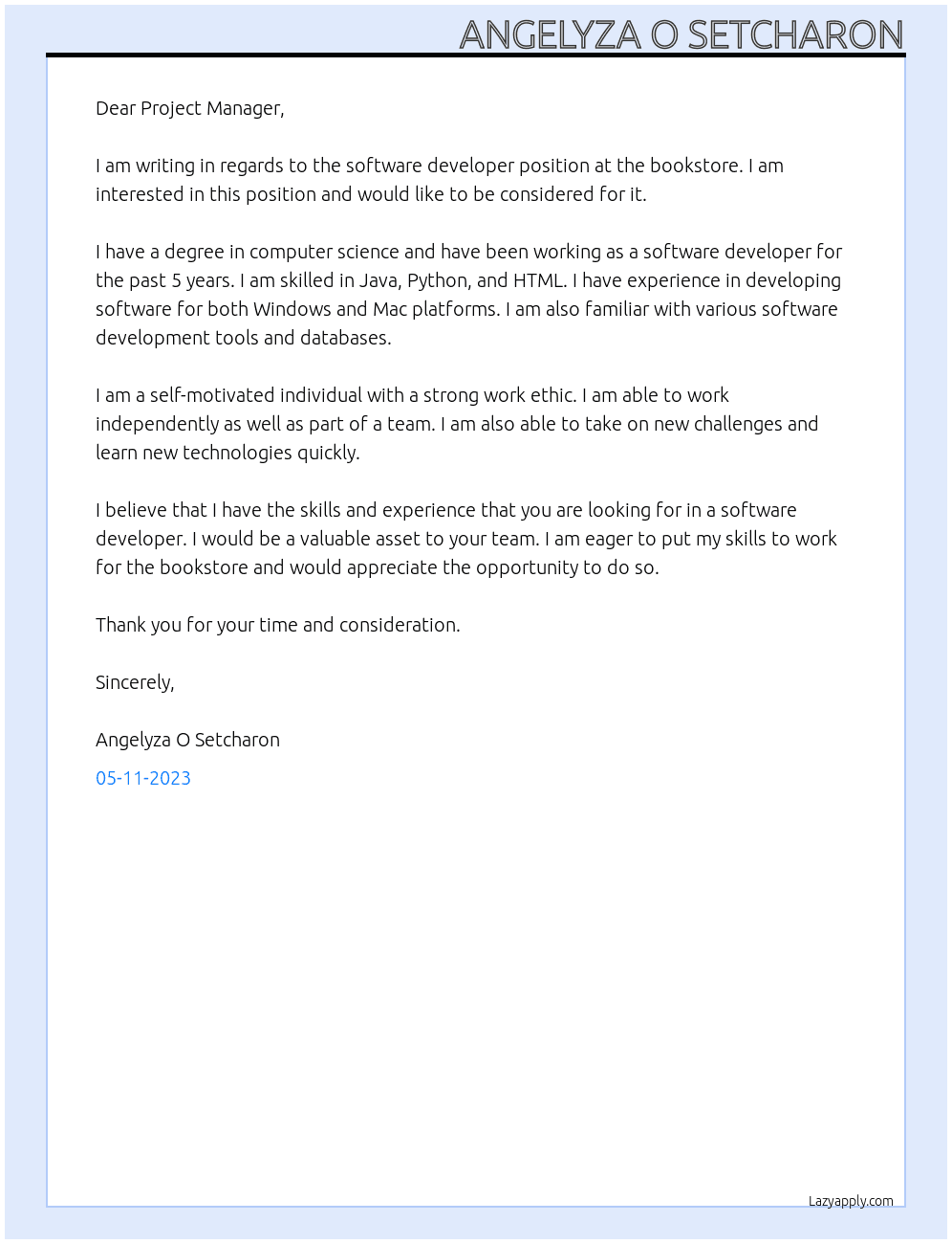 software developer At bookstore Cover Letter