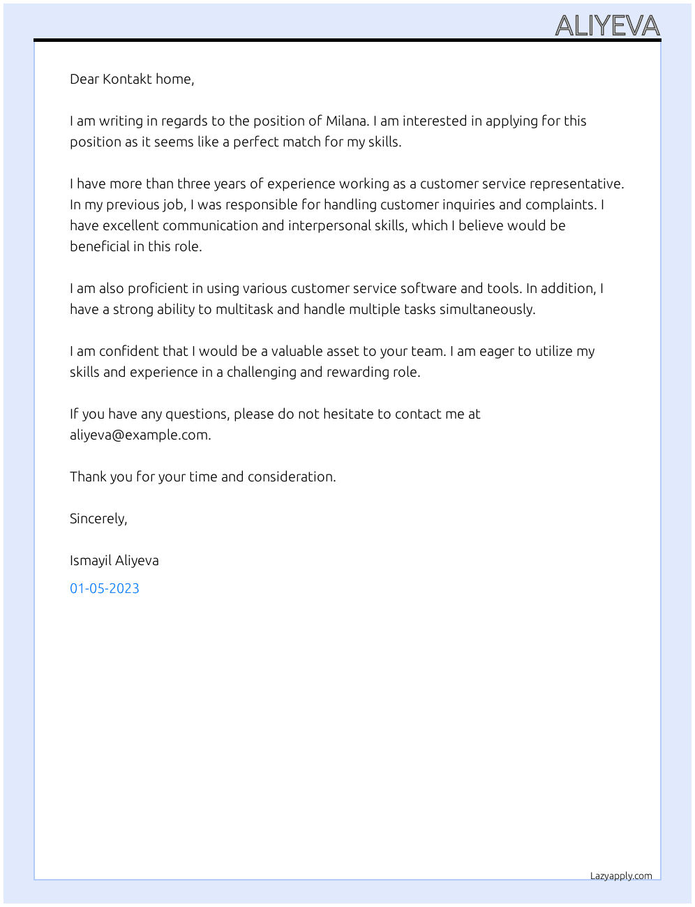 Milana At Kontakt home Cover Letter
