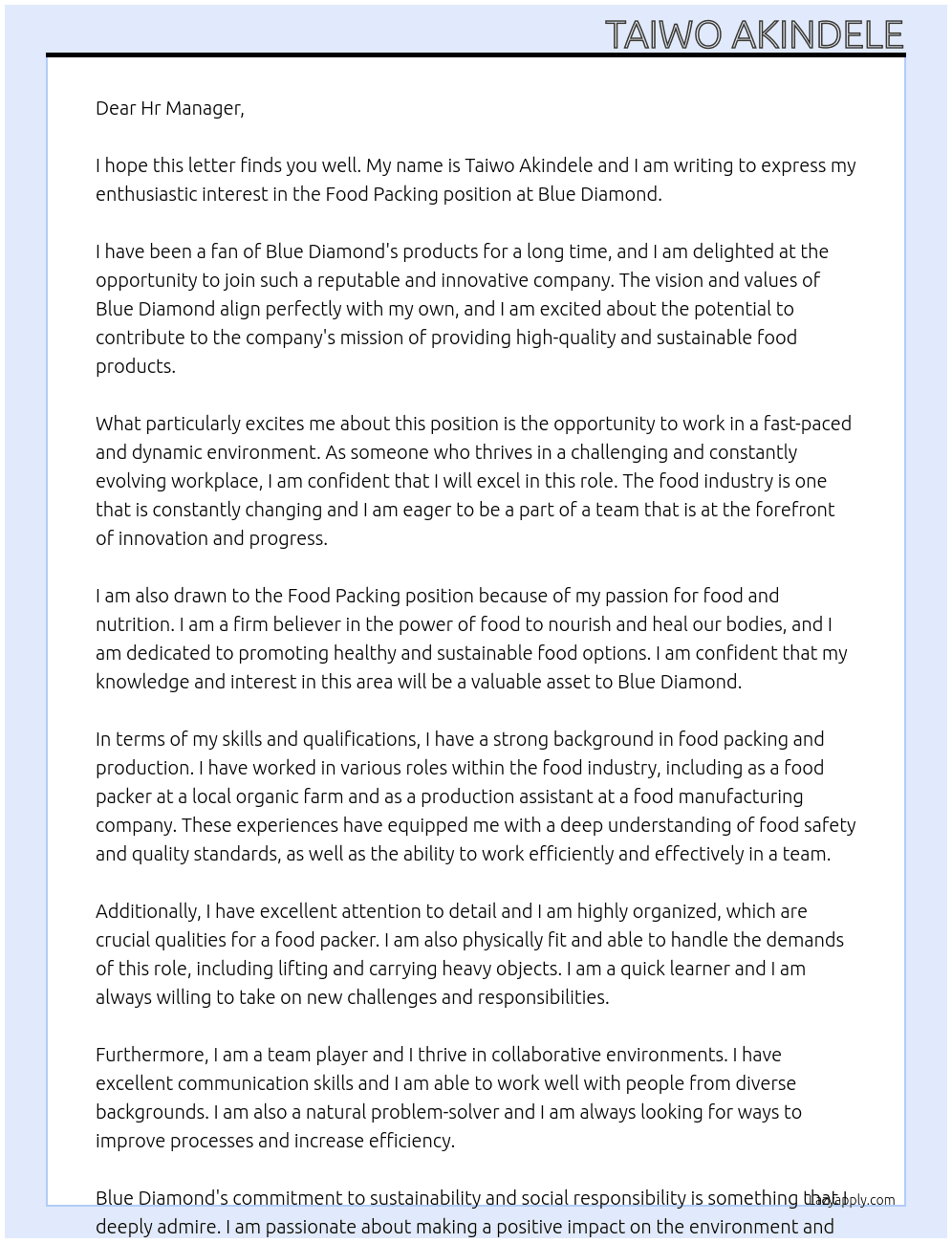 Food Packing At Blue Diamond Cover Letter