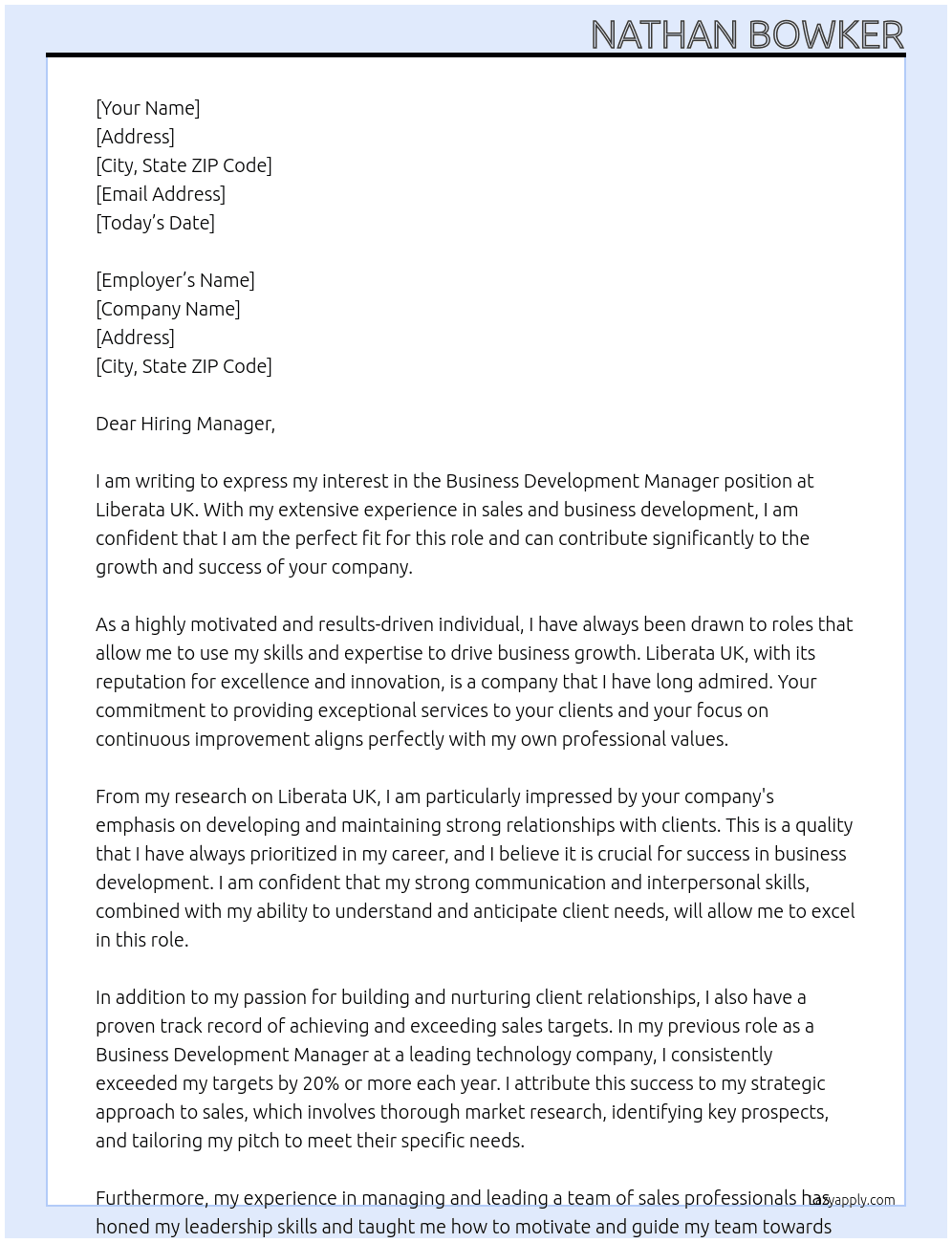 Business Development Manager  At Liberata UK Cover Letter