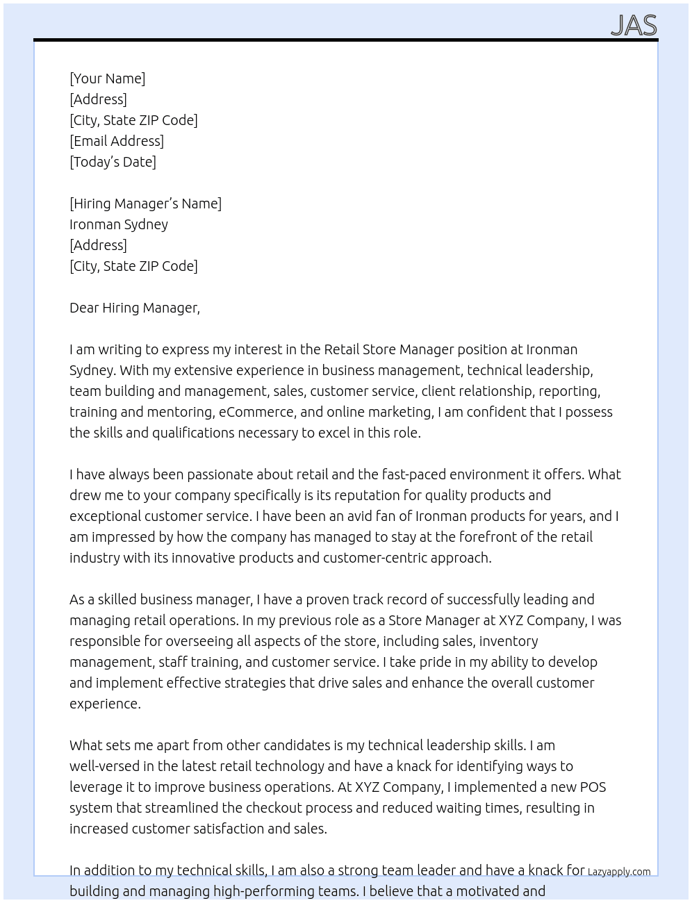 Retail Store Manager At Ironman Sydney Cover Letter