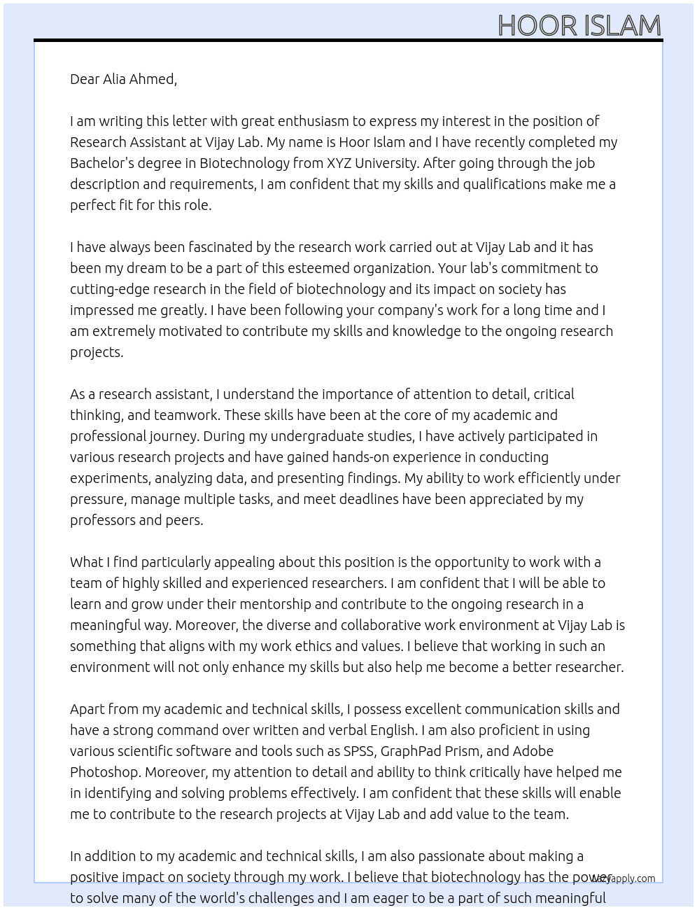 research assistant At Vijay lab Cover Letter