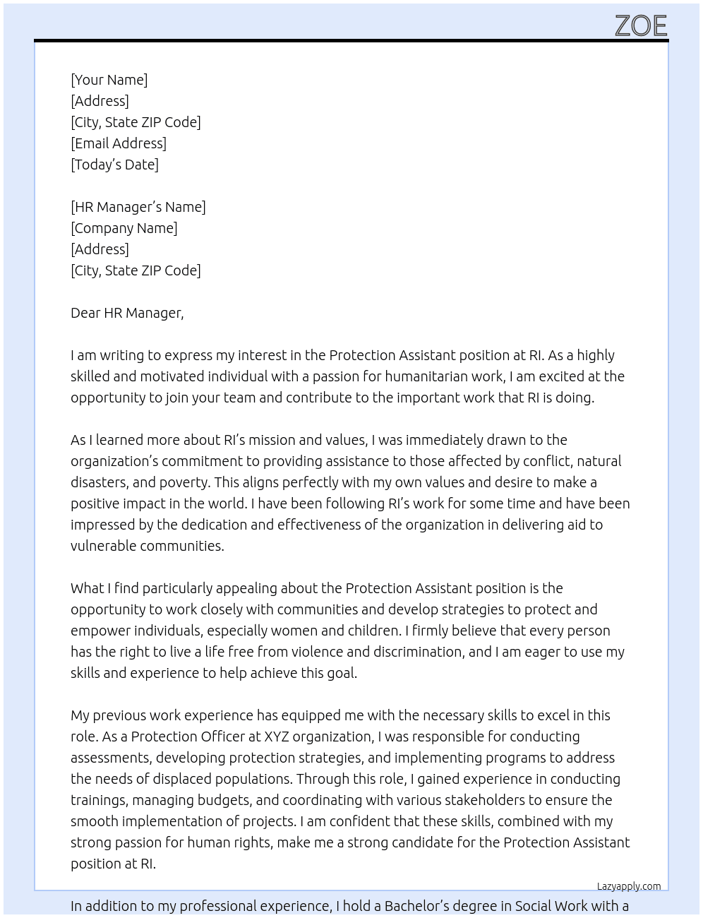Protection assistant At RI Cover Letter