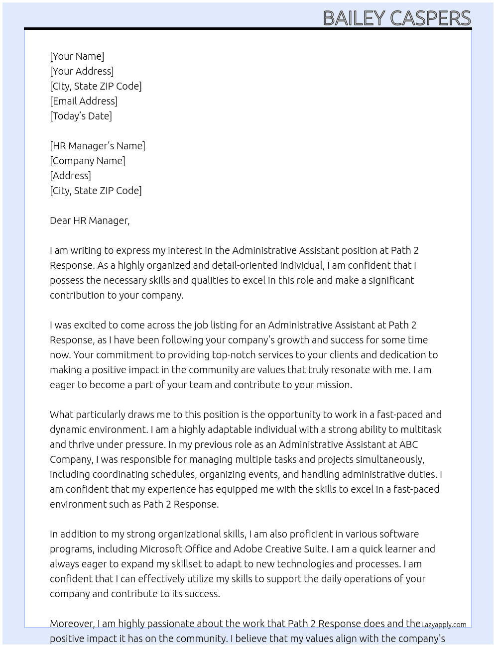 Administrative Assistant At Path 2 Response Cover Letter