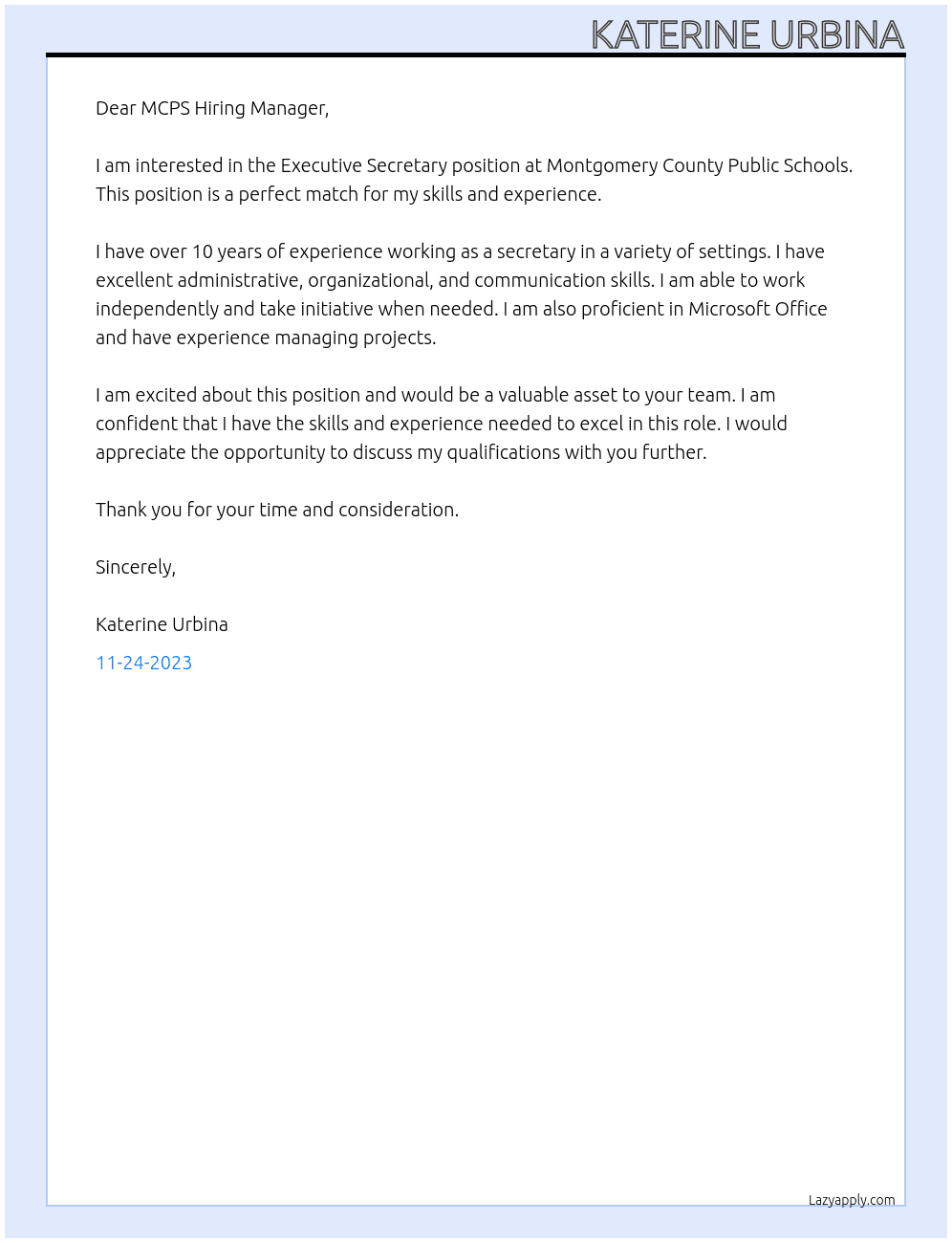 Executive Secretary At Montgomery County Public Schools Cover Letter