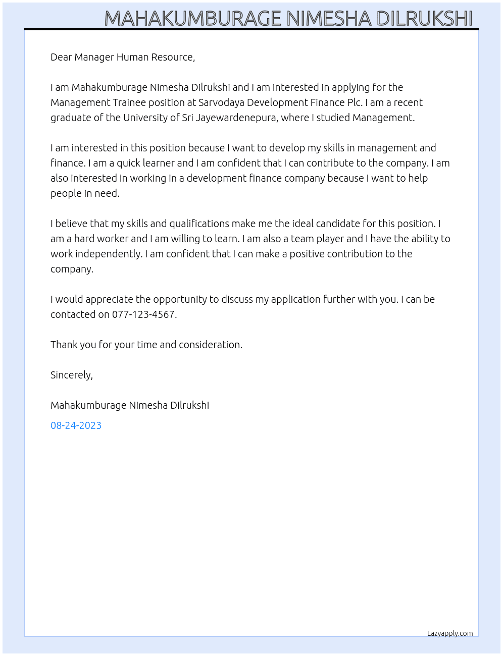Management Trainee  At Sarvodaya Development Finance Plc Cover Letter