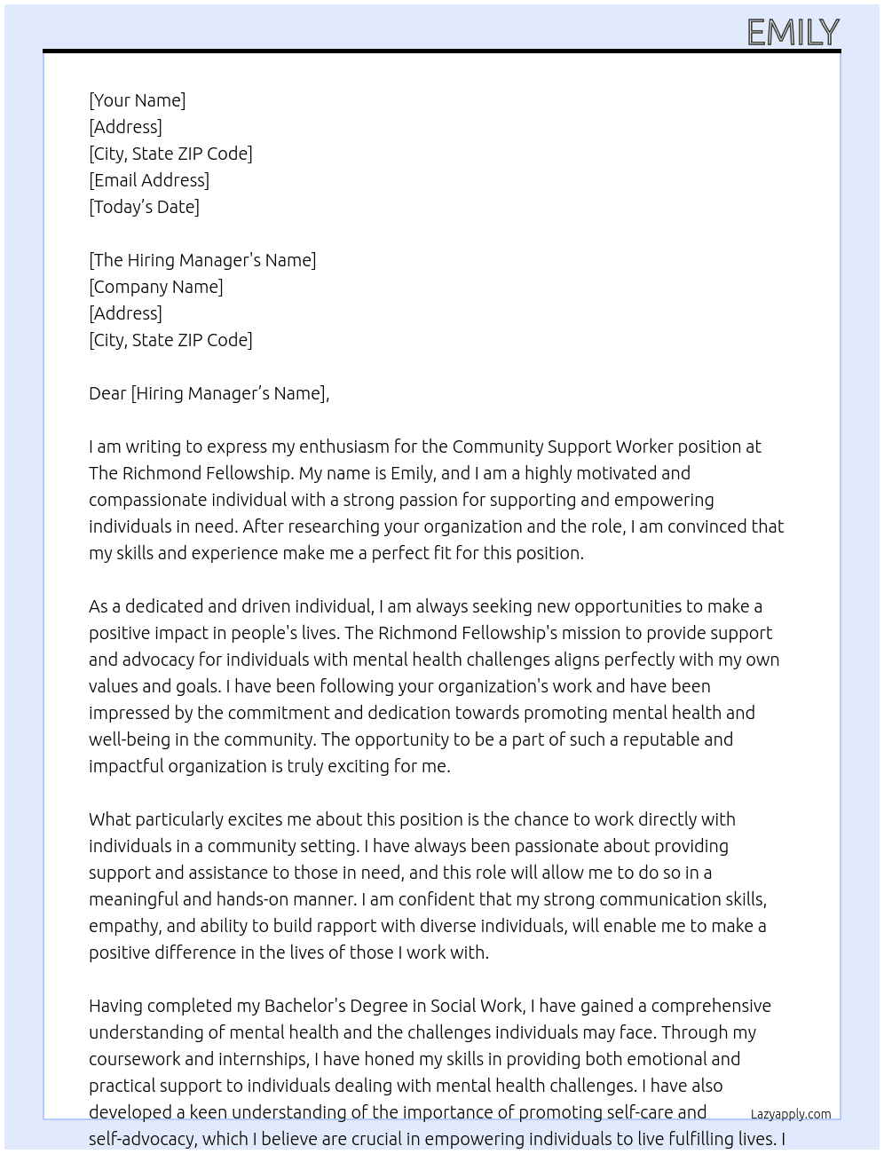 Community Support Worker At The Richmond Fellowship Cover Letter