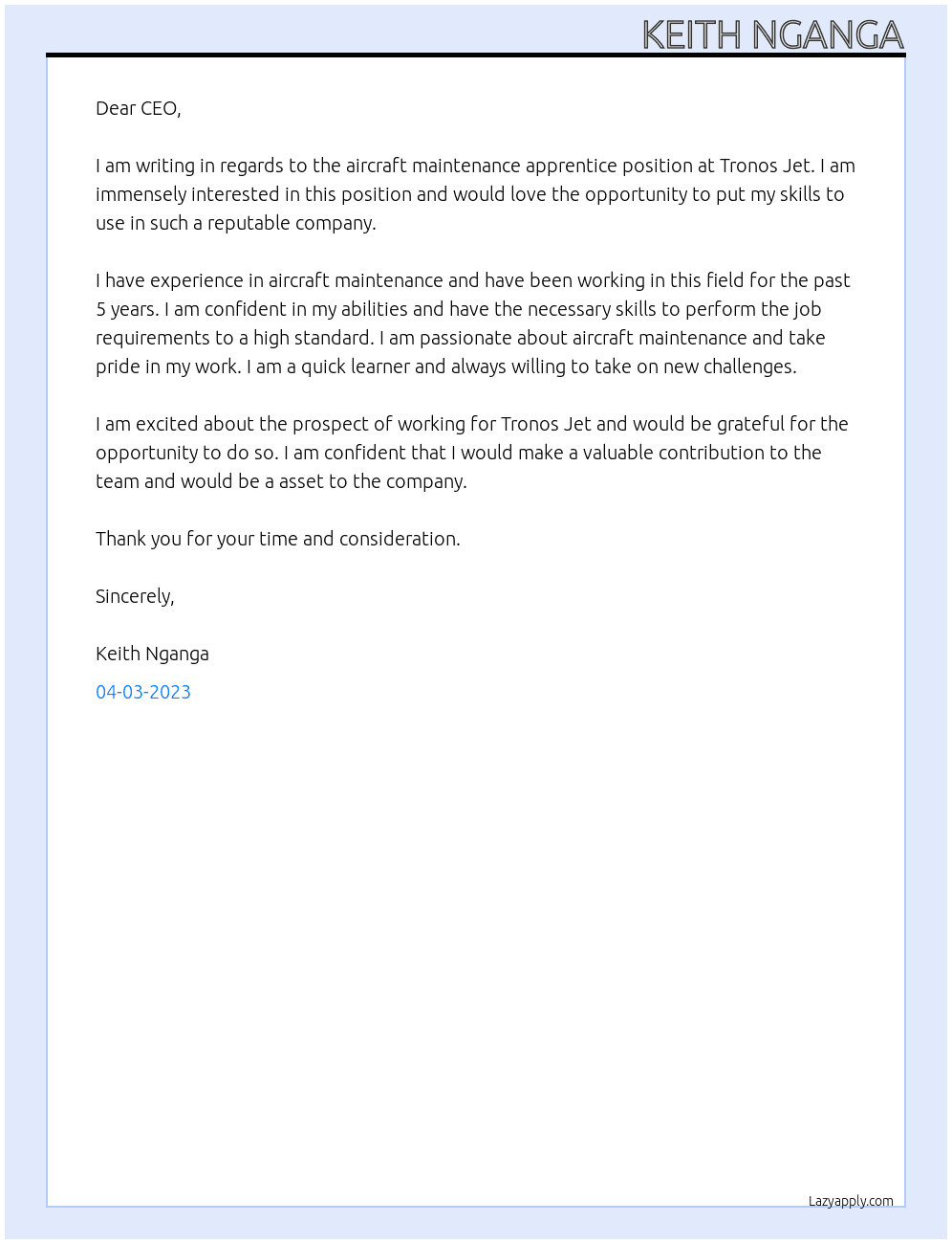 Aircraft maintenance Apprentice At Tronos Jet Cover Letter