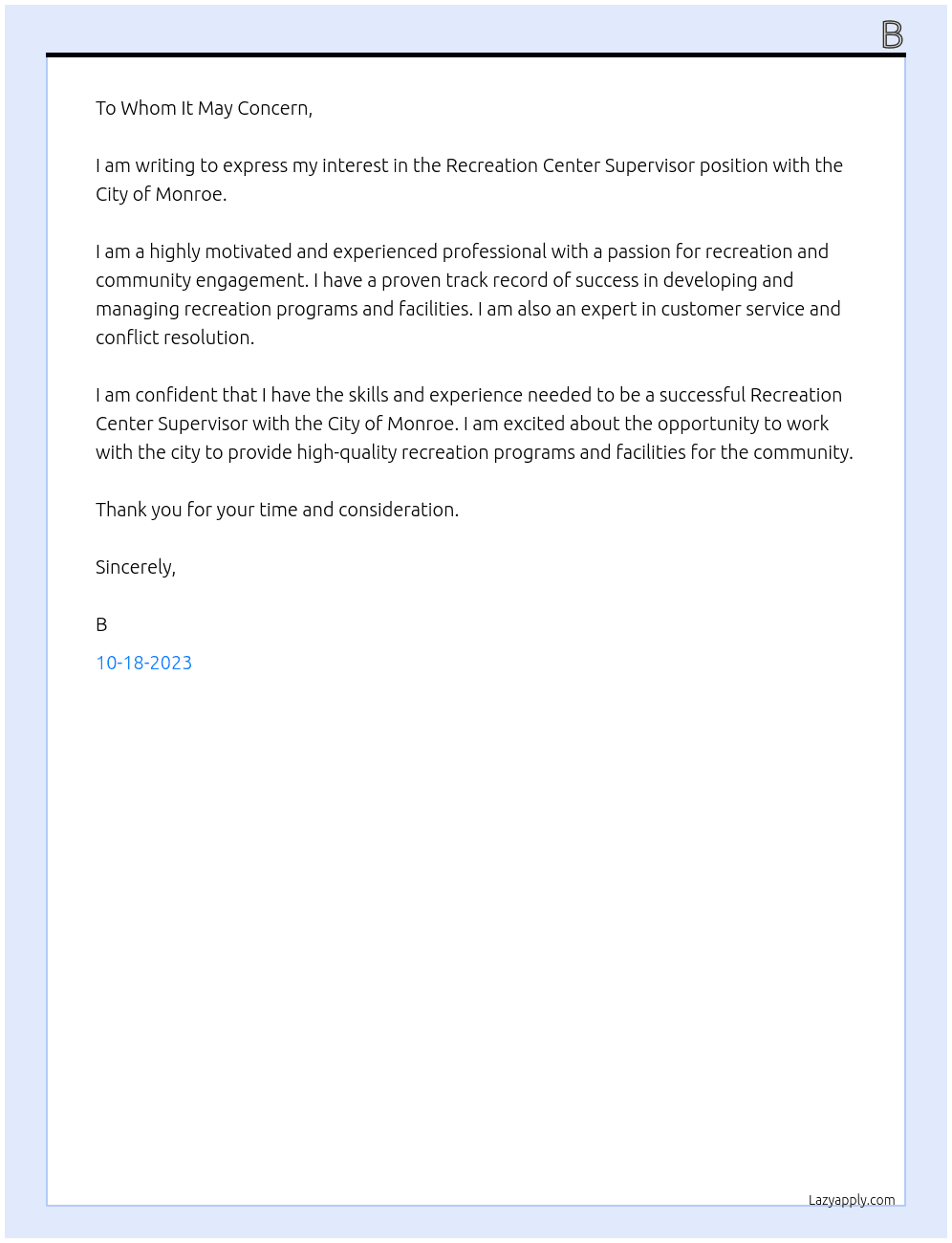 Recreation Center Supervisor  At City of Monroe Cover Letter