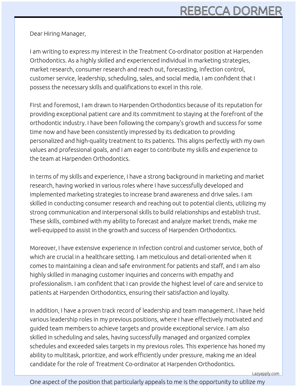 Treatment co-ordinator  At Harpenden Orthodontics  Cover Letter