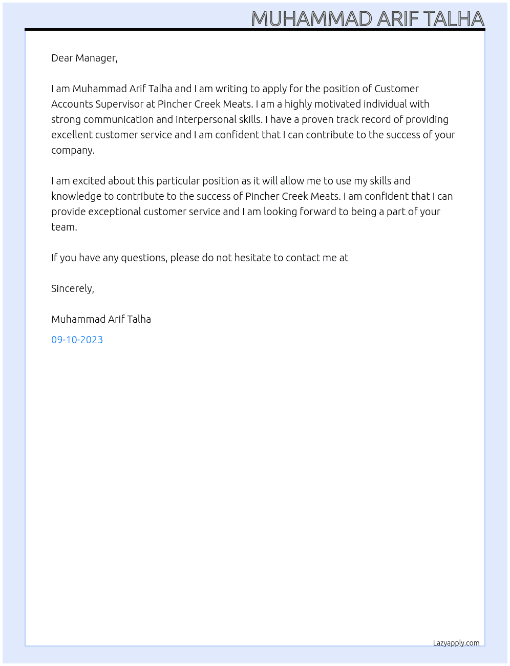 Customer accounts supervisor At Pincher Creek Meats Cover Letter