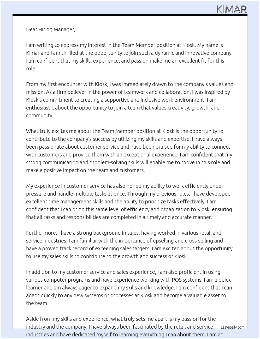 Team Member At Kiosk Cover Letter