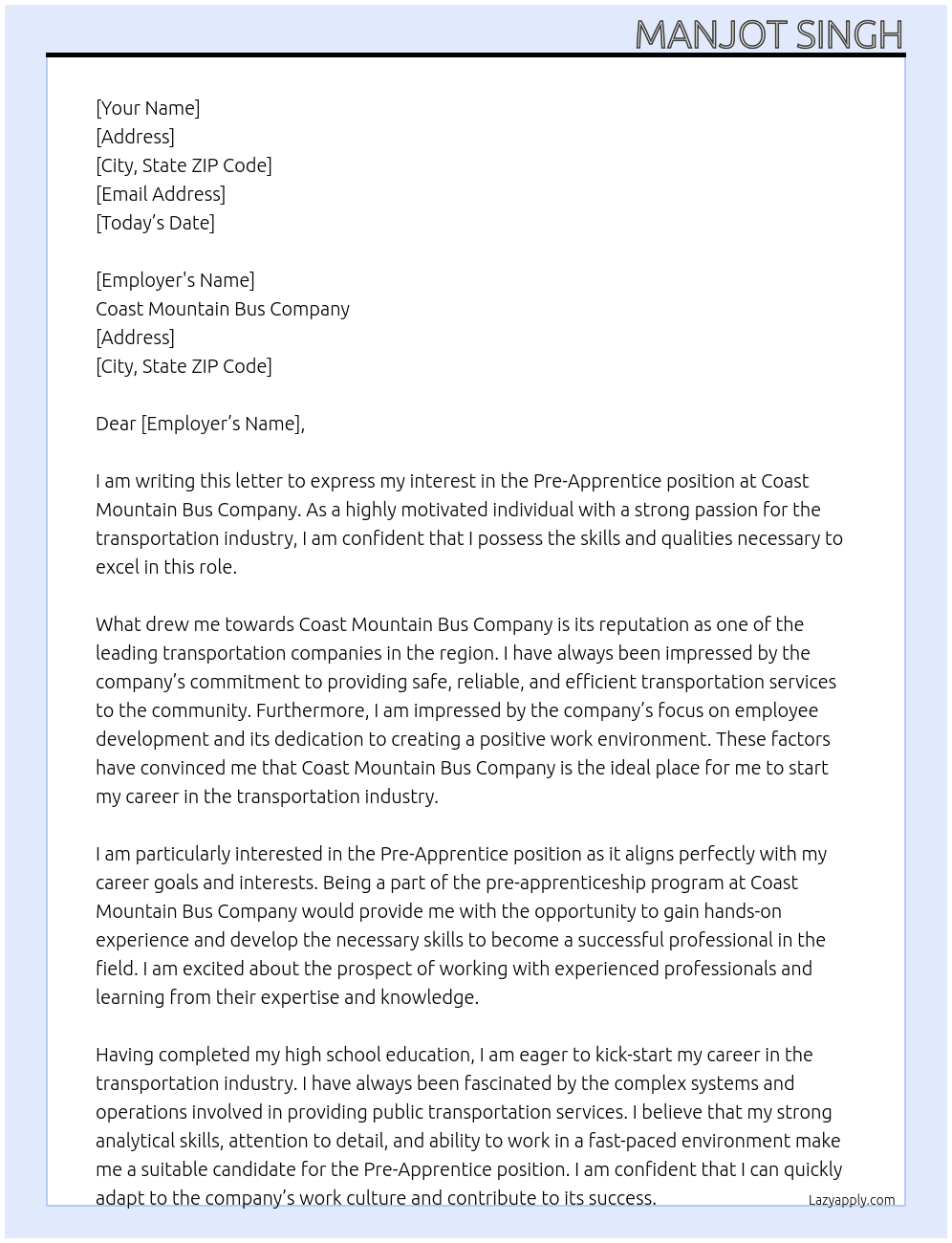 Pre Apprentice  At Coast Mountain Bus Company Cover Letter