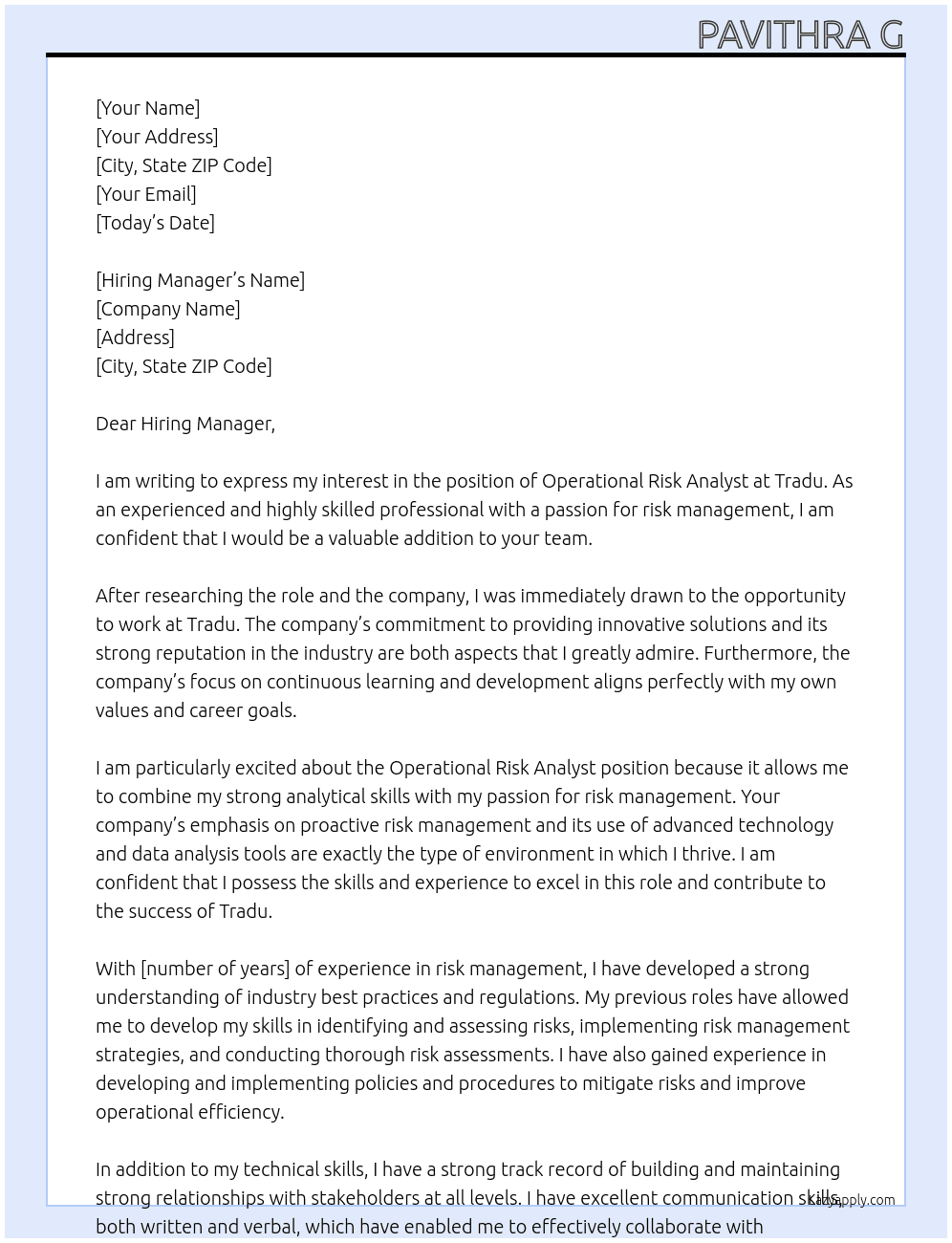 Operational Risk Analyst At Tradu Cover Letter