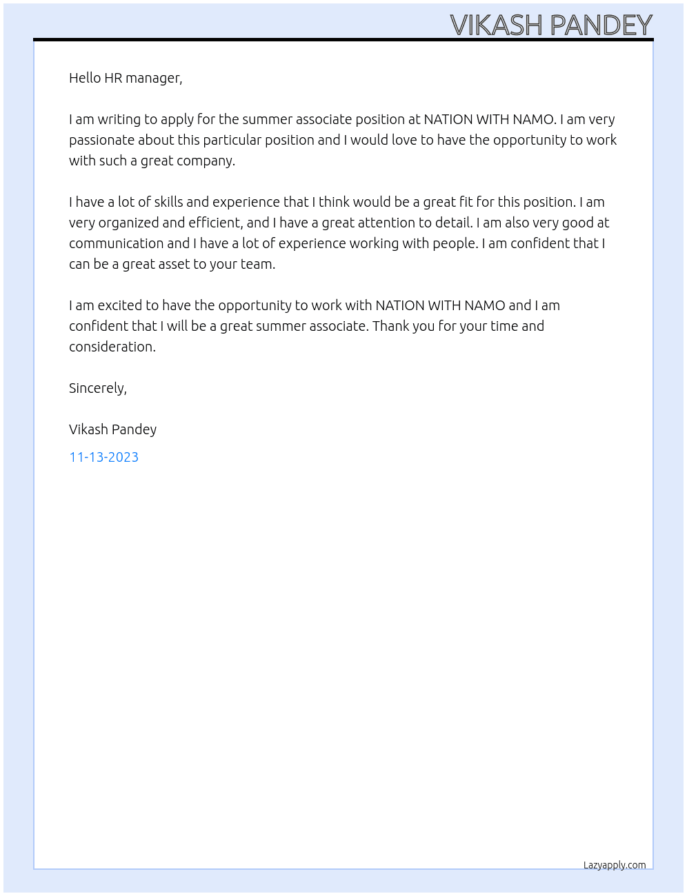 summer associate At NATION WITH NAMO Cover Letter
