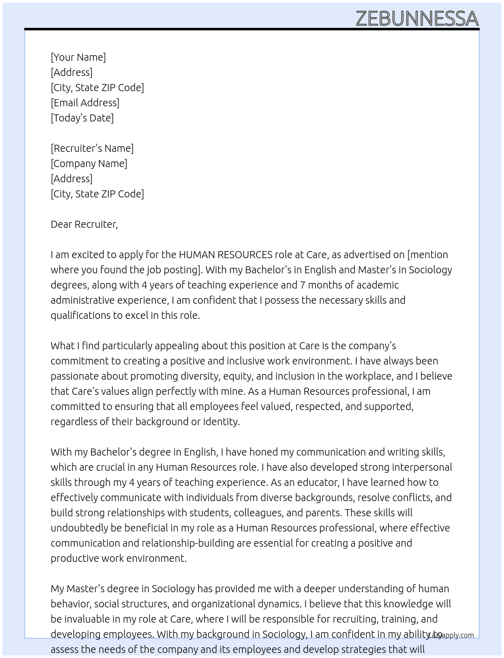 HUMAN RESOURCES At Care Cover Letter