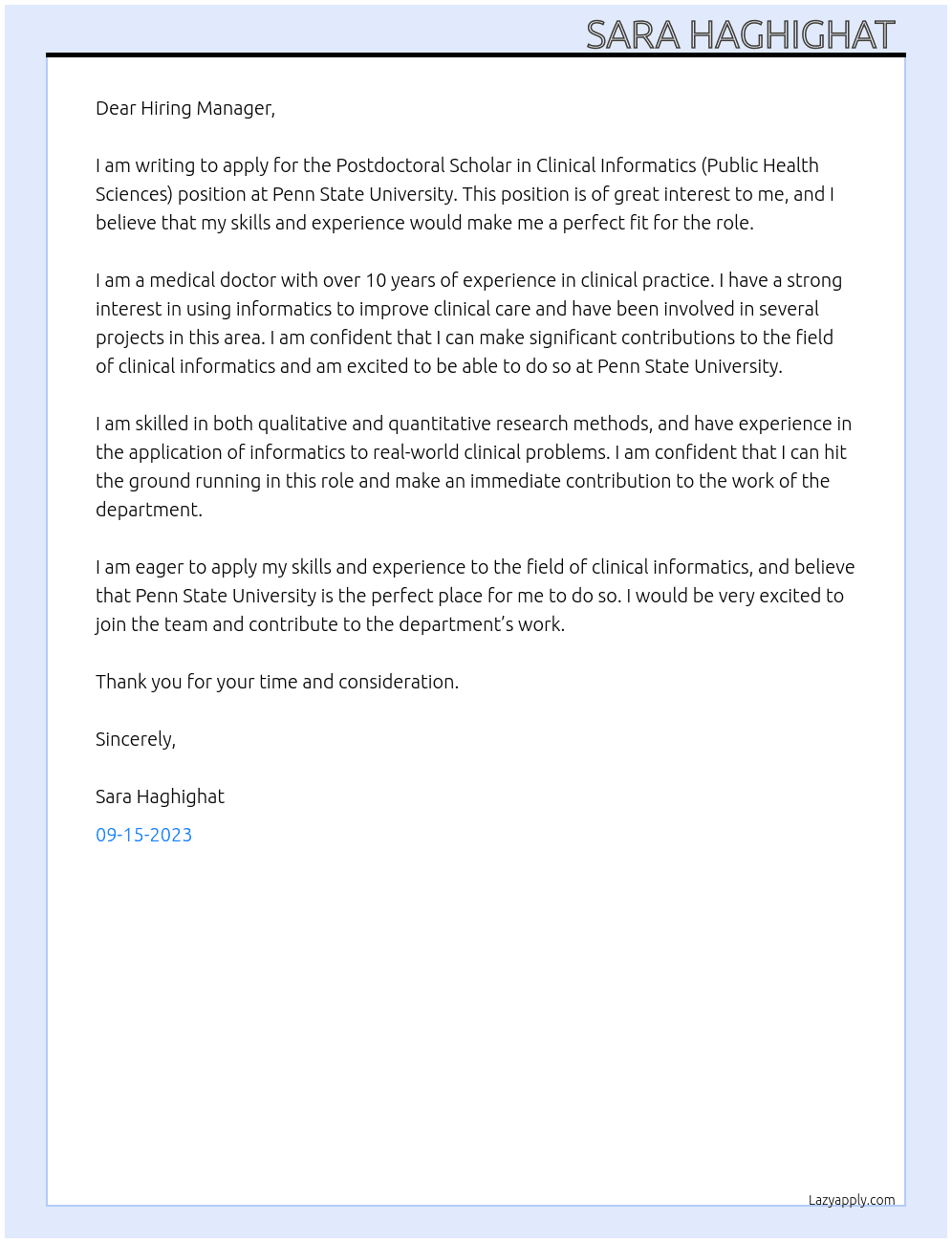 Postdoctoral Scholar in Clinical Informatics (Public Health Sciences) At Penn State University  Cover Letter