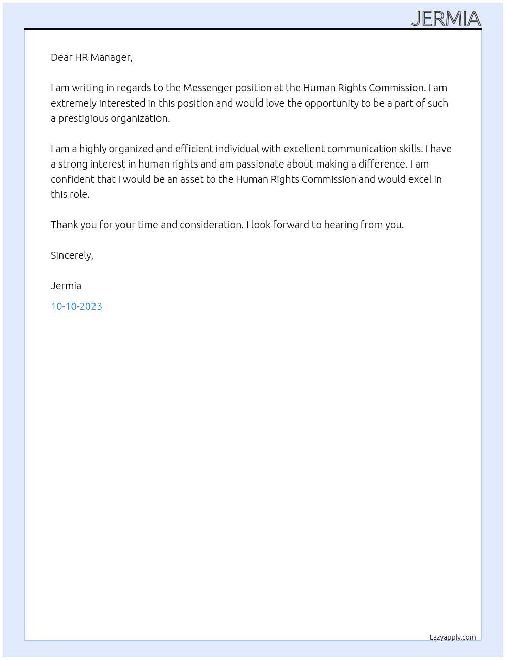 messenger At human rights commission Cover Letter