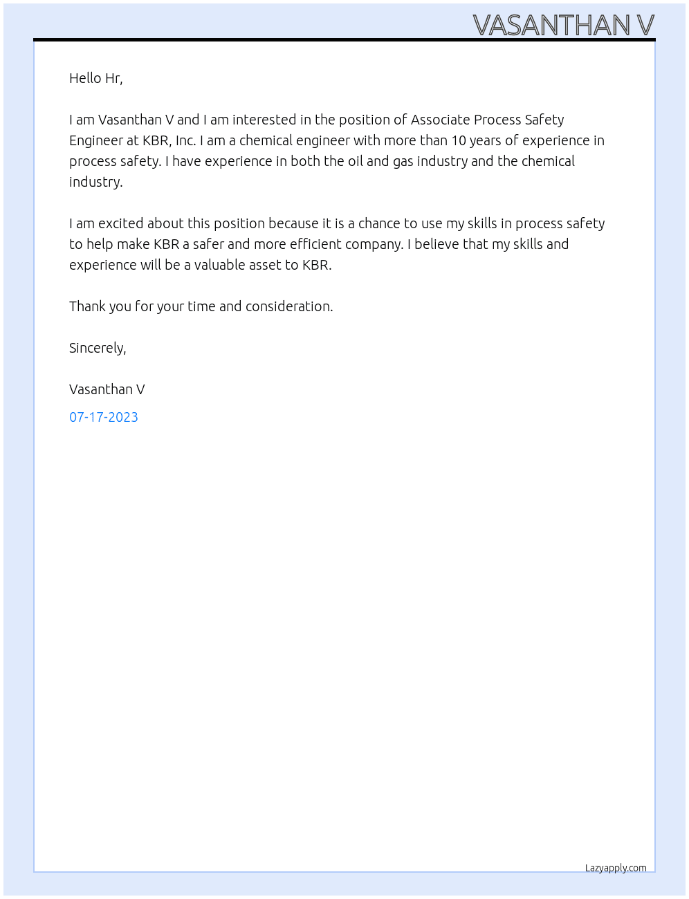 Associate Process Safety Engineer At KBR, Inc. Cover Letter