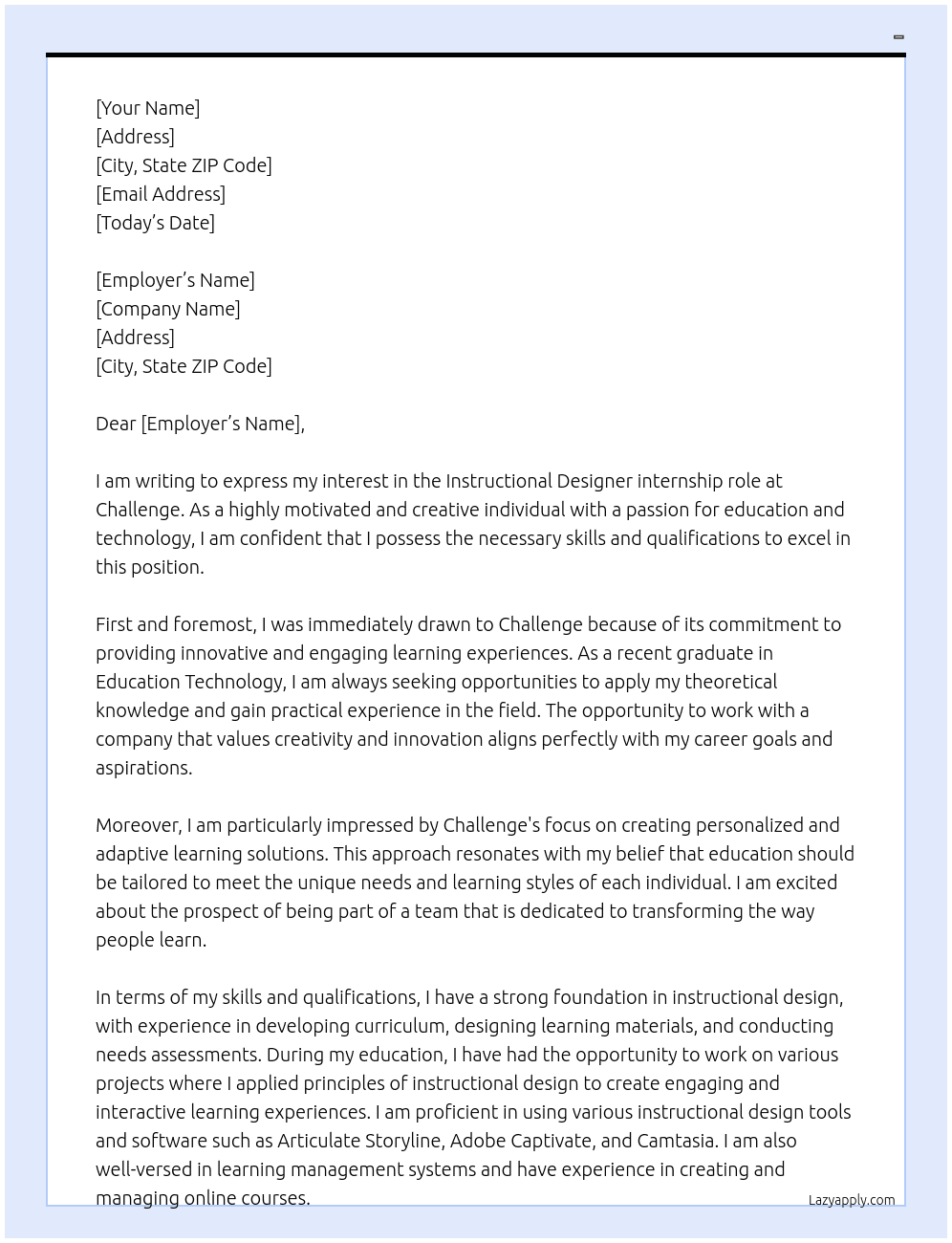 instructional designer At Challenge Cover Letter