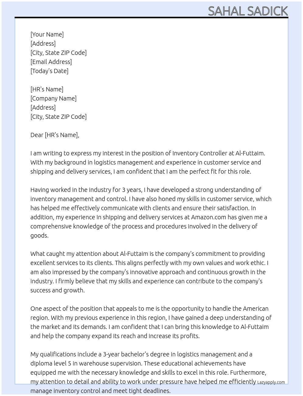 Inventory Controller At AL-FUTTAIM Cover Letter