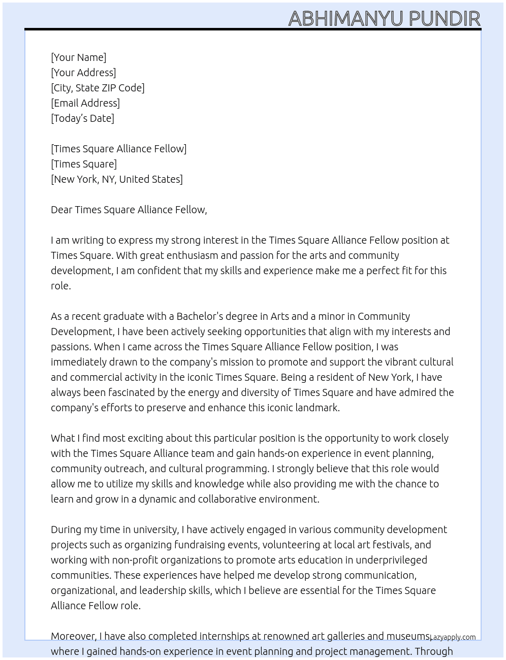 Times Square Alliance Fellow At Times Square Cover Letter