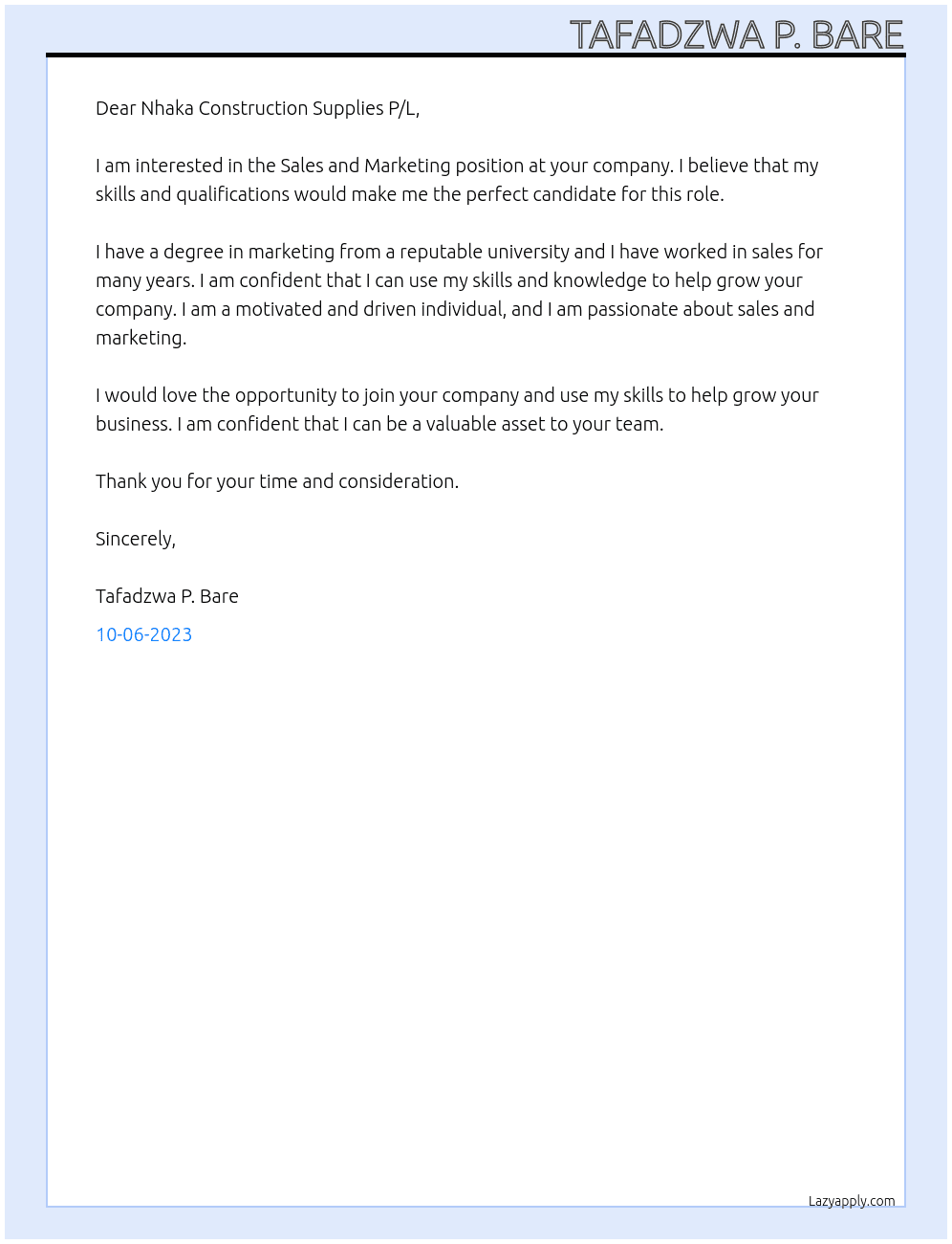 Sales and marketing  At Nhaka Construction Supplies P/L Cover Letter
