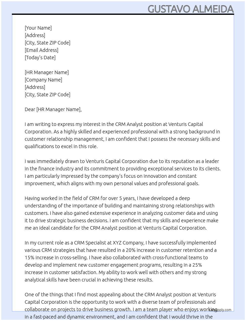 CRM Analyst At Venturis Capital Corporation Cover Letter