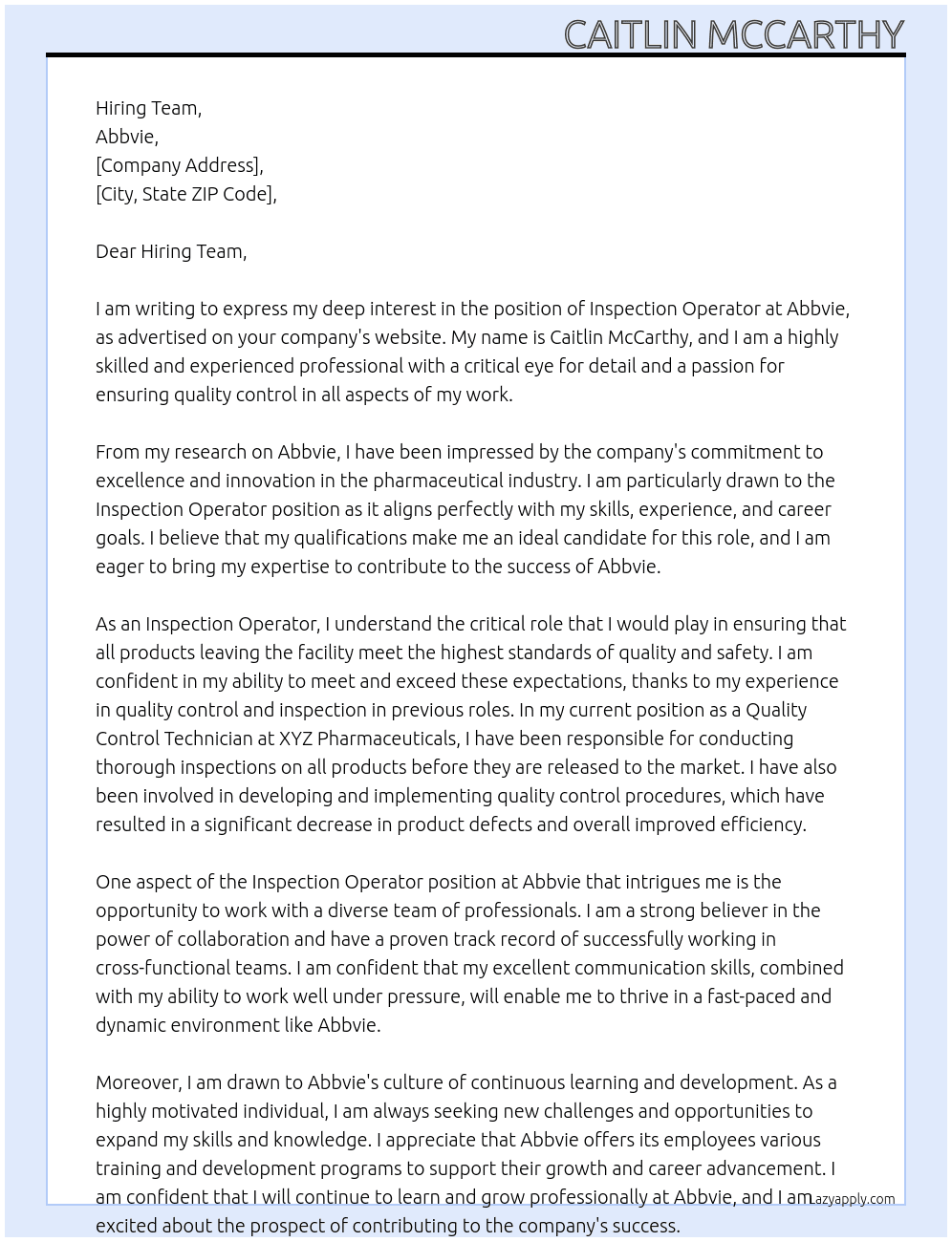 inspection operator  At Abbvie Cover Letter