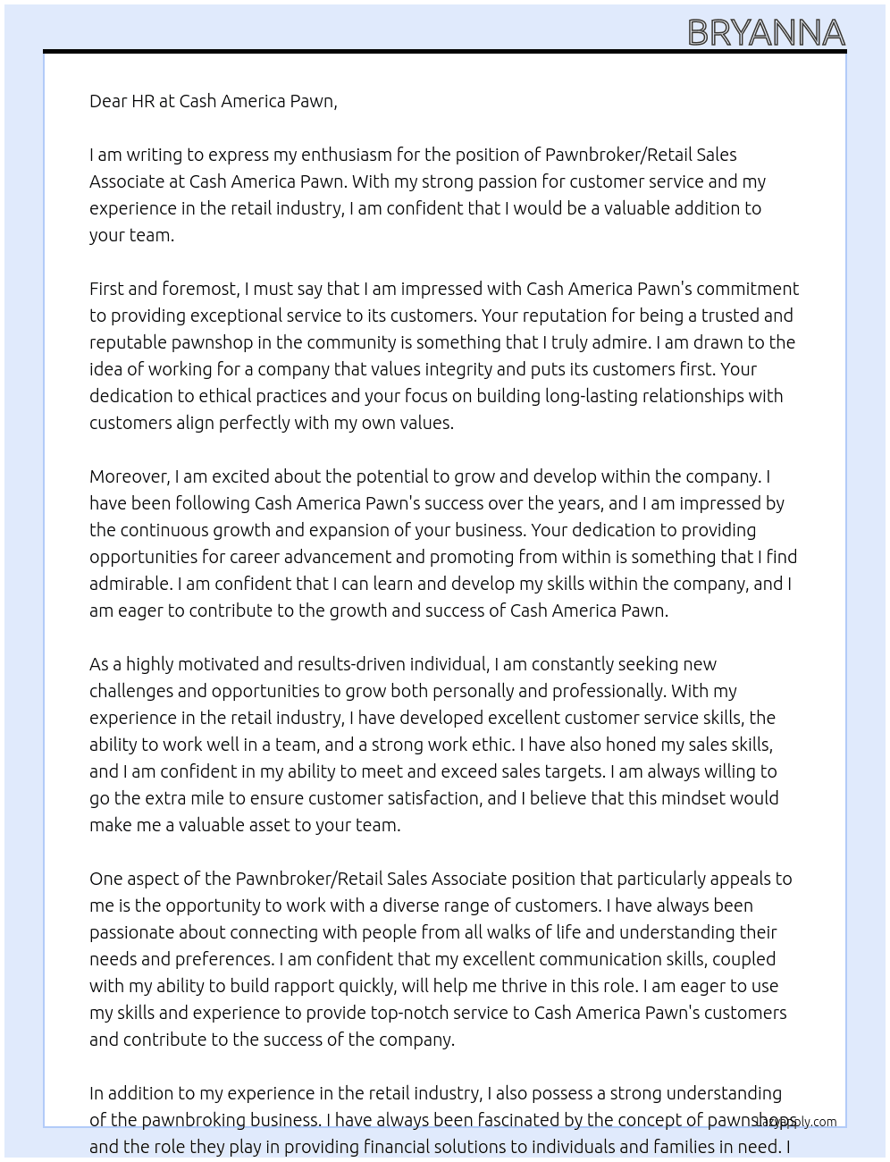  Pawnbroker / Retail Sales Associate At Cash America Pawn Cover Letter
