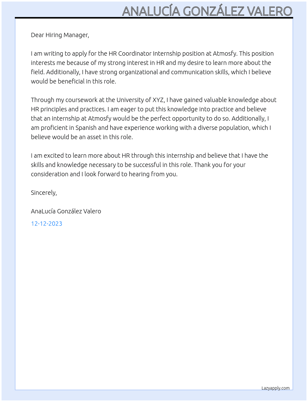 HR Coordinator Internship At Atmosfy Cover Letter
