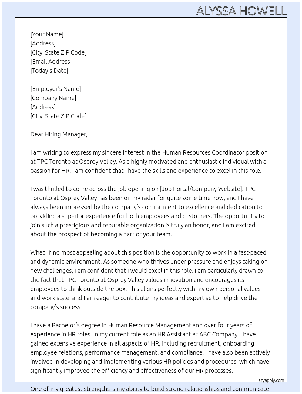 Human Resources Coordinator At TPC Toronto at Osprey Valley  Cover Letter