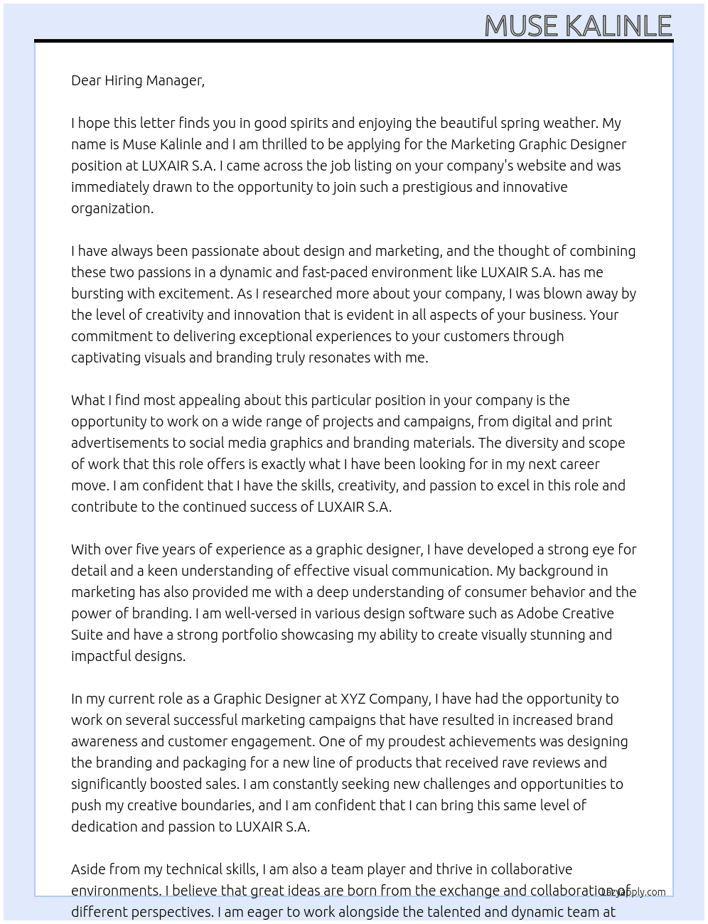 Marketing  Graphic Designer  At LUXAIR S.A. Cover Letter
