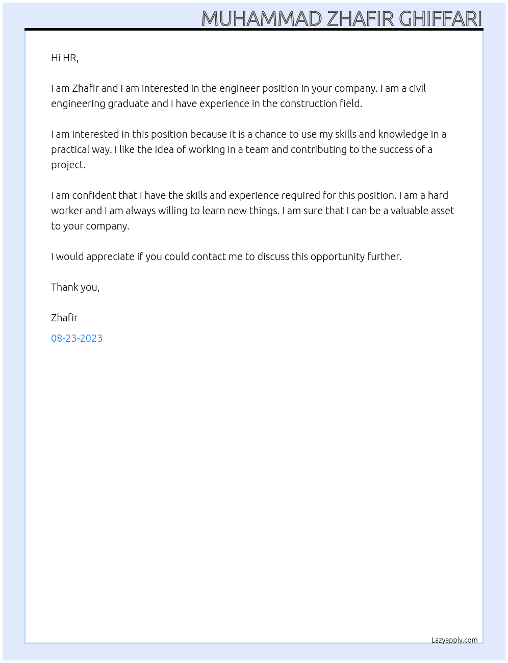 Engineer At PT. Prolindo Aditya Prima Cover Letter