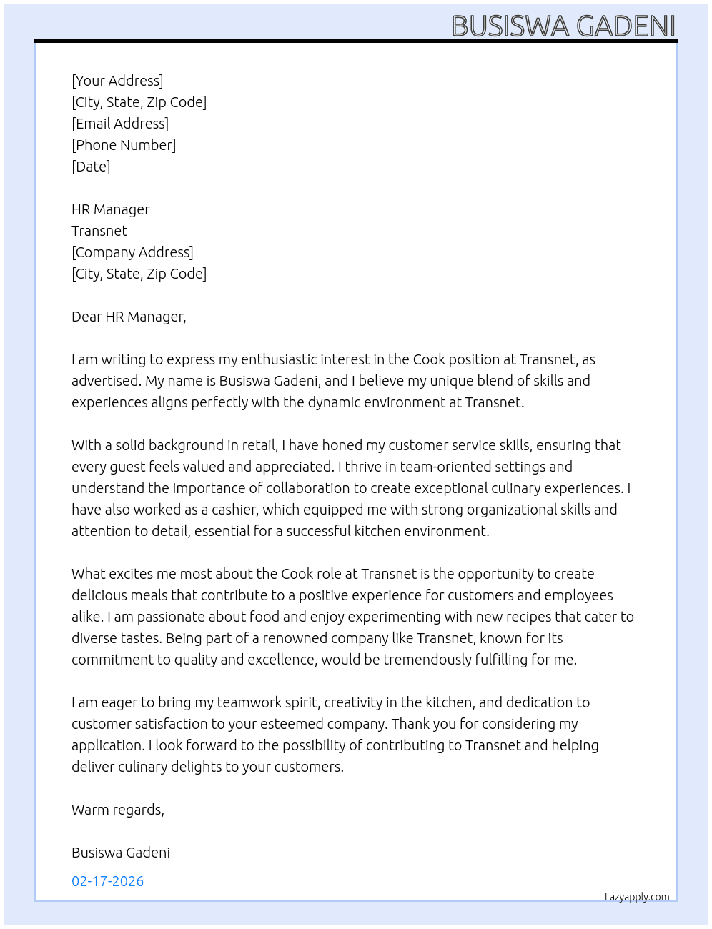 Cook At Transnet  Cover Letter