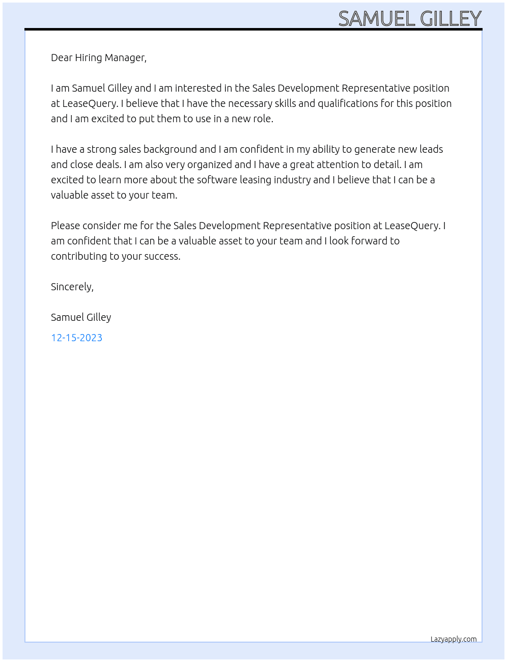 Sales Development Representative  At LeaseQuery Cover Letter