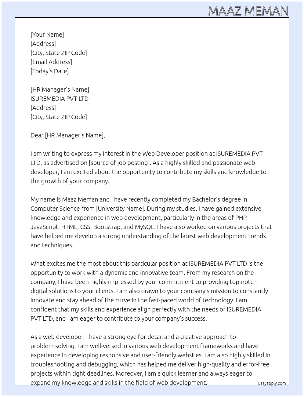 Web Developer At ISUREMEDIA PVT LTD Cover Letter