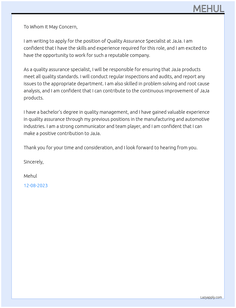 quality assurance specialist At JaJa Cover Letter