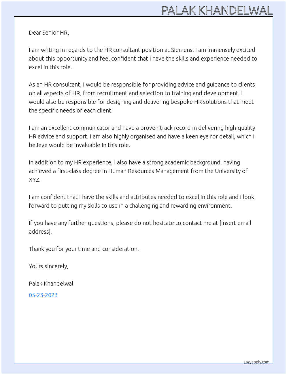 HR consultant  At Siemens Cover Letter