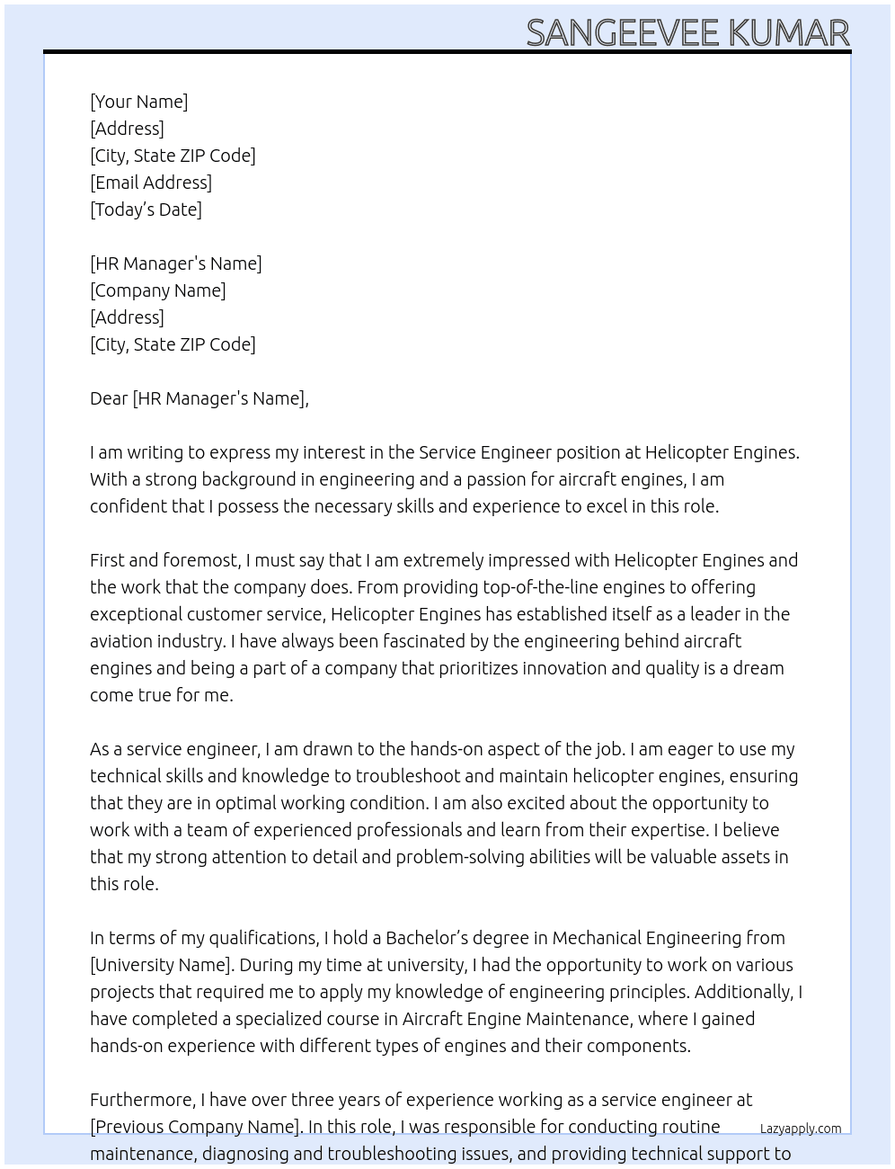 Service engineer At Helicopter engines Cover Letter