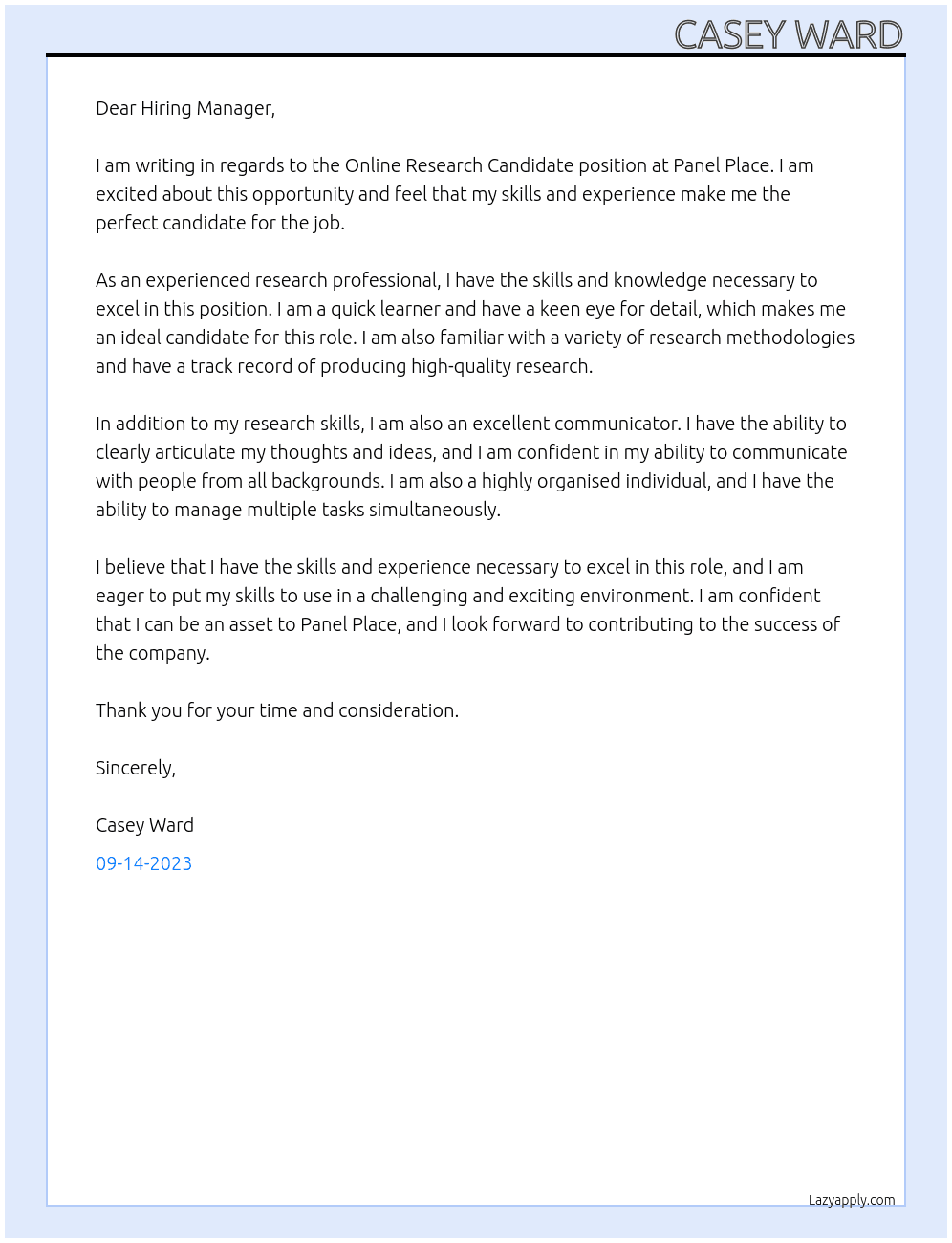 Online Research Candidate At Panel Place Cover Letter