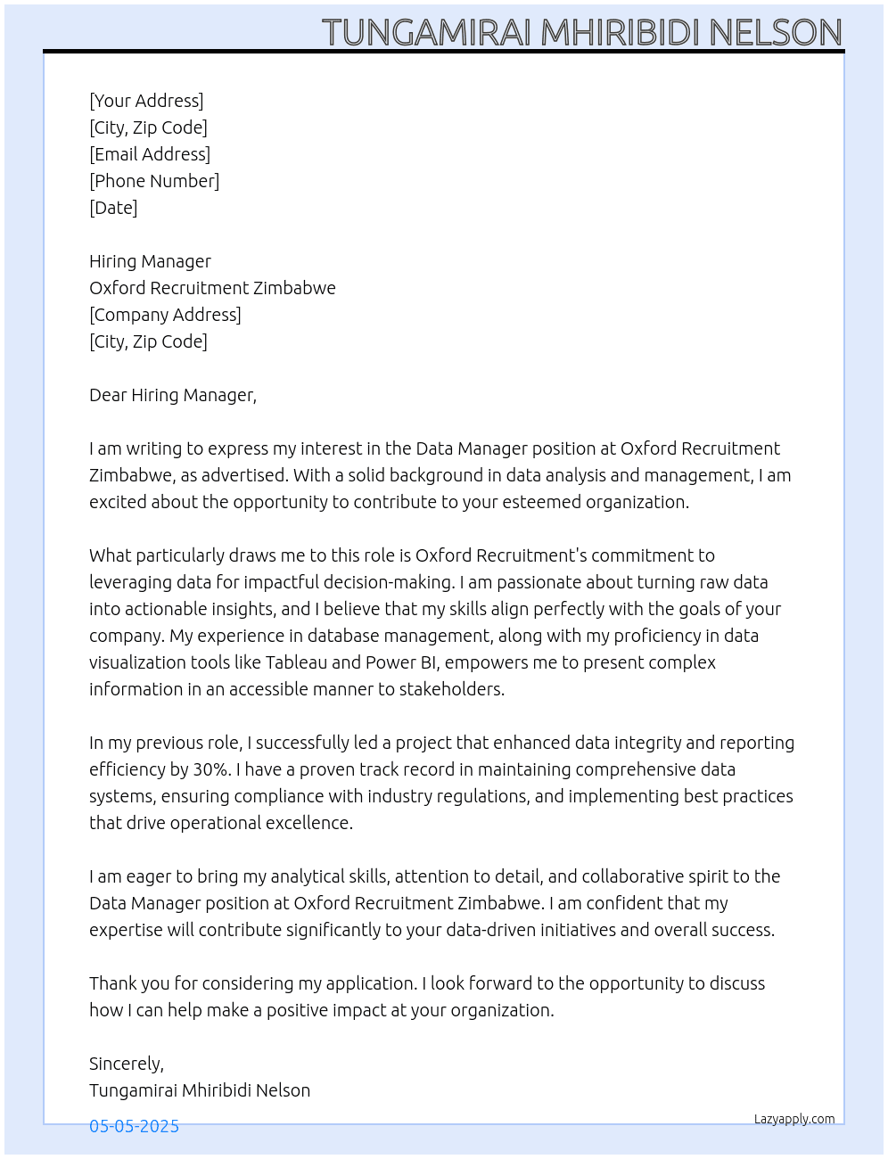 Cover letter for data manager - LazyApply