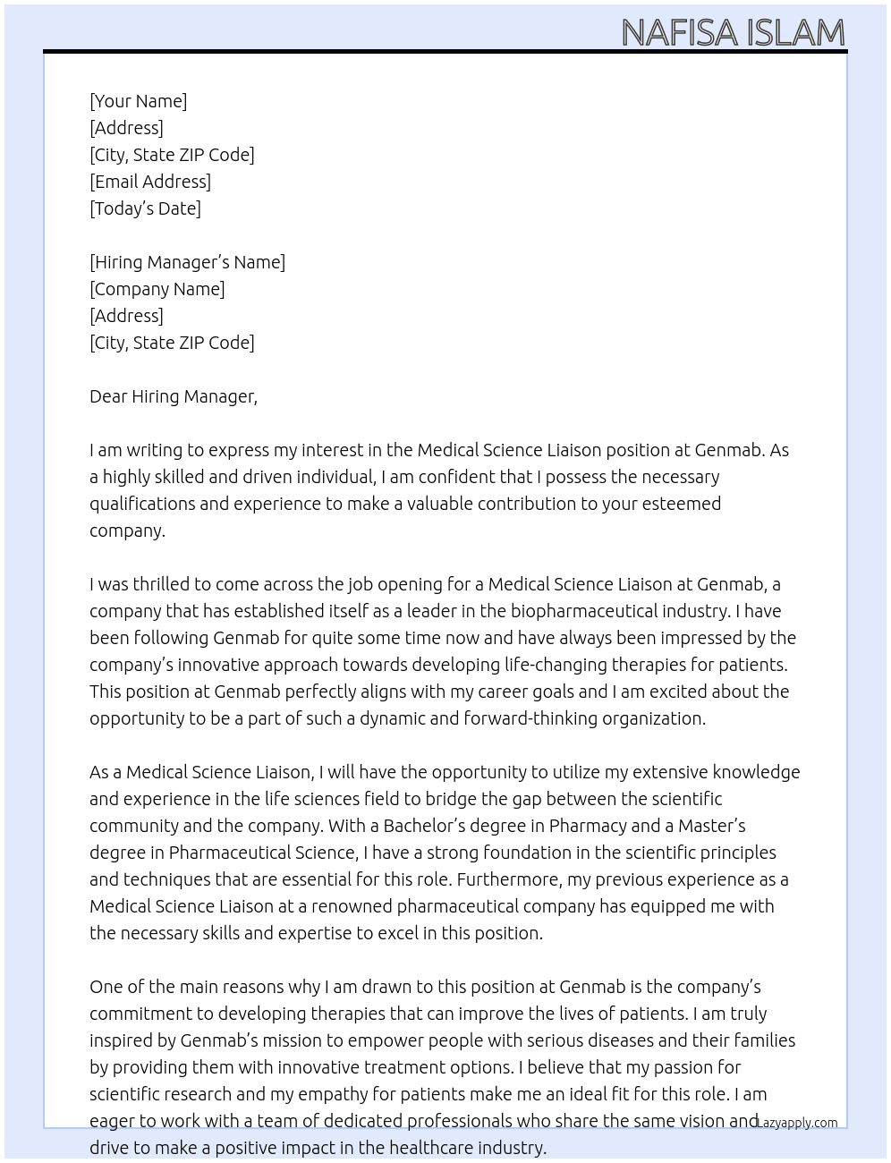 Medical Science Liaison  At Genmab Cover Letter