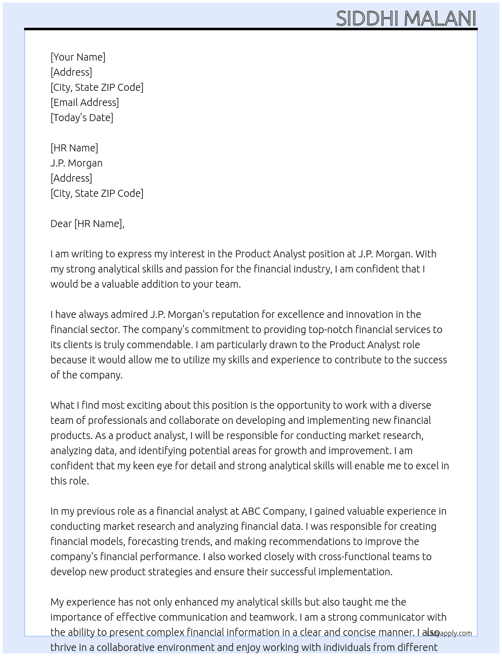 Product analyst At J.P Morgan Cover Letter